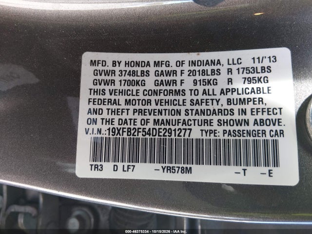 2013 Honda Civic Lx მანქანა იყიდება აუქციონზე, vin: 19XFB2F54DE291277, აუქციონის ნომერი: 46375334