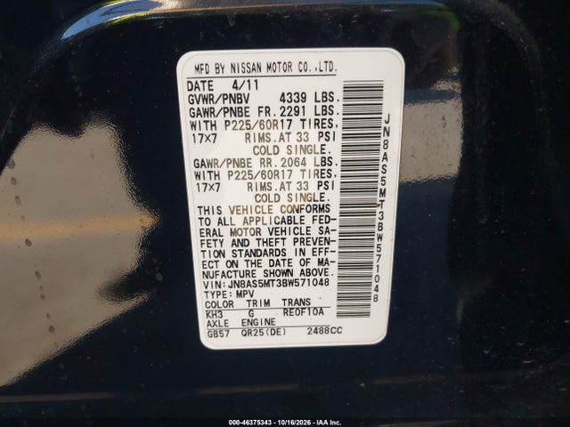 46375343 :رقم المزاد ، JN8AS5MT3BW571048 vin ، 2011 Nissan Rogue S/sv/krom مزاد بيع