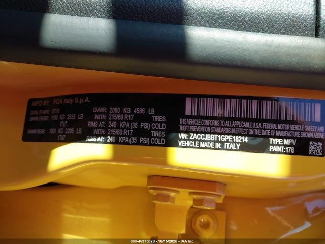 2016 Jeep Renegade Latitude მანქანა იყიდება აუქციონზე, vin: ZACCJBBT1GPE18214, აუქციონის ნომერი: 46375370