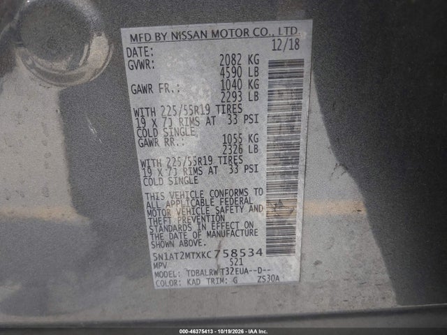 2019 Nissan Rogue Sl მანქანა იყიდება აუქციონზე, vin: 5N1AT2MTXKC758534, აუქციონის ნომერი: 46375413