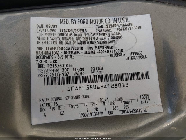 Продажа на аукционе авто 2003 Ford Taurus Ses, vin: 1FAFP55U63A128018, номер лота: 46375415