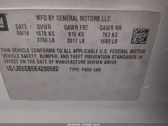 Aukcja sprzedaży 2014 Chevrolet Sonic Ltz Auto, vin: 1G1JE6SB5E4200582, numer aukcji: 46375458