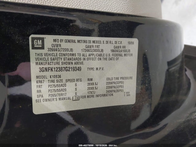 46375599 :رقم المزاد ، 3GNFK12387G219349 vin ، 2007 Chevrolet Avalanche 1500 Lt مزاد بيع