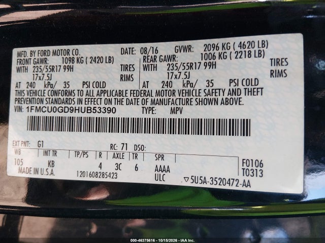 Продаж на аукціоні авто 2017 Ford Escape Se, vin: 1FMCU0GD9HUB53390, номер лоту: 46375616