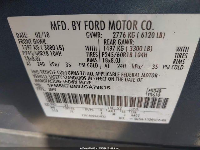 Aukcja sprzedaży 2018 Ford Explorer, vin: 1FM5K7B89JGA79815, numer aukcji: 46375619