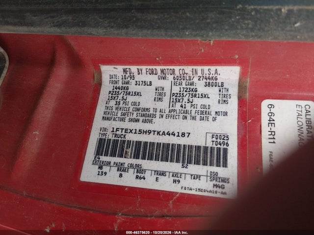 Продаж на аукціоні авто 1996 Ford F150, vin: 1FTEX15H9TKA44187, номер лоту: 46375620
