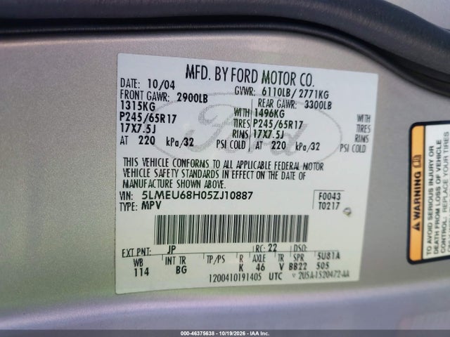 2005 Lincoln Aviator მანქანა იყიდება აუქციონზე, vin: 5LMEU68H05ZJ10887, აუქციონის ნომერი: 46375638
