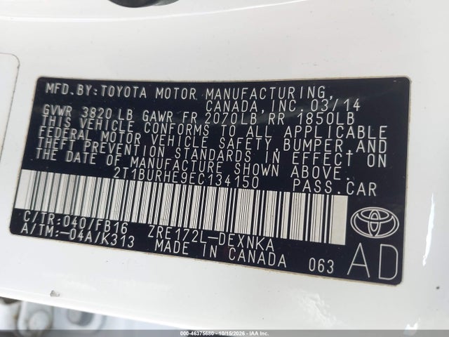 Aukcja sprzedaży 2014 Toyota Corolla Le, vin: 2T1BURHE9EC134150, numer aukcji: 46375680