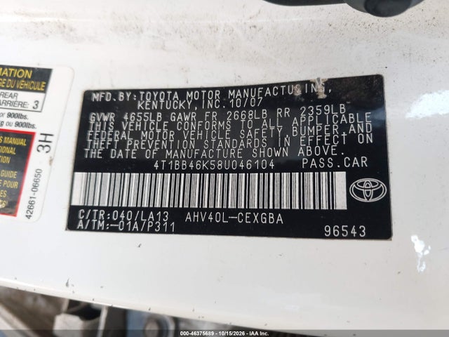 Aukcja sprzedaży 2008 Toyota Camry Hybrid, vin: 4T1BB46K58U046104, numer aukcji: 46375689