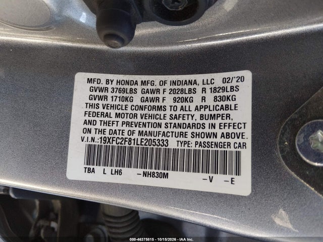 Aukcja sprzedaży 2020 Honda Civic Sport, vin: 19XFC2F81LE205333, numer aukcji: 46375815