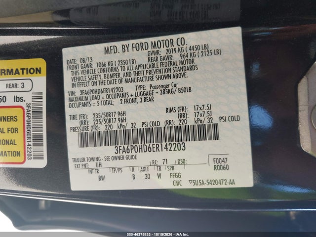 2014 Ford Fusion Se მანქანა იყიდება აუქციონზე, vin: 3FA6P0HD6ER142203, აუქციონის ნომერი: 46375833