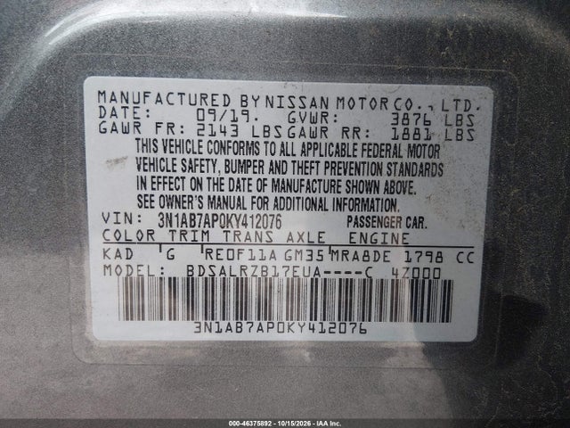 Продажа на аукционе авто 2019 Nissan Sentra Sr, vin: 3N1AB7AP0KY412076, номер лота: 46375892