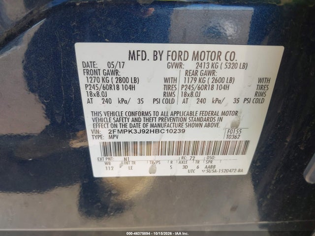 46375894 :رقم المزاد ، 2FMPK3J92HBC10239 vin ، 2017 Ford Edge Sel مزاد بيع