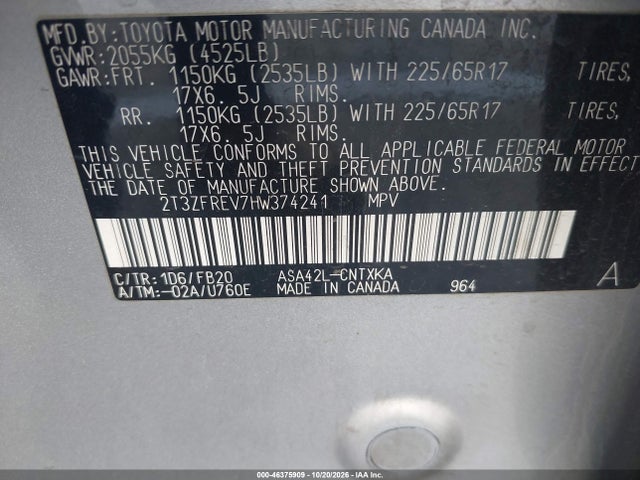 2T3ZFREV7HW374241 Toyota RAV4 LE