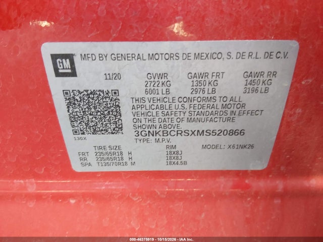 46375919 :رقم المزاد ، 3GNKBCRSXMS520866 vin ، 2021 Chevrolet Blazer Fwd 2lt مزاد بيع