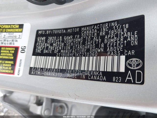 Aukcja sprzedaży 2019 Toyota Corolla Le, vin: 2T1BURHE1KC210360, numer aukcji: 46375974