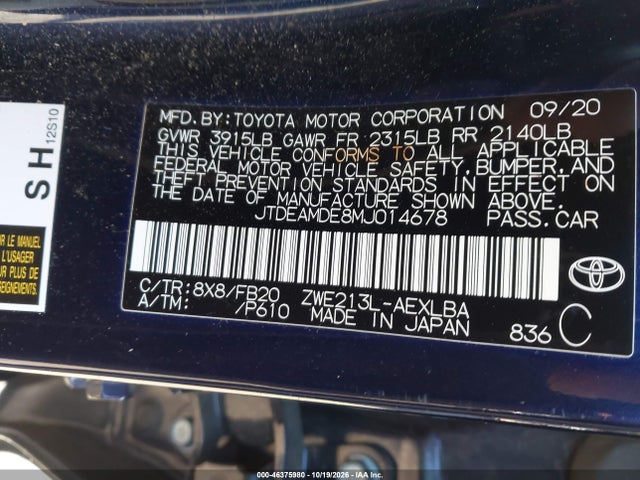 Aukcja sprzedaży 2021 Toyota Corolla Hybrid Le, vin: JTDEAMDE8MJ014678, numer aukcji: 46375980