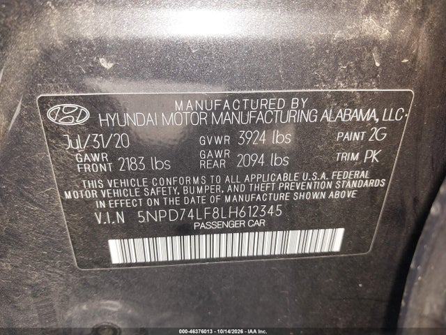 Продаж на аукціоні авто 2020 Hyundai Elantra Se, vin: 5NPD74LF8LH612345, номер лоту: 46376013