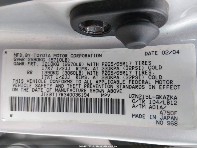 46376032 :رقم المزاد ، JTEBT17R340036194 vin ، 2004 Toyota 4runner Limited V8 مزاد بيع