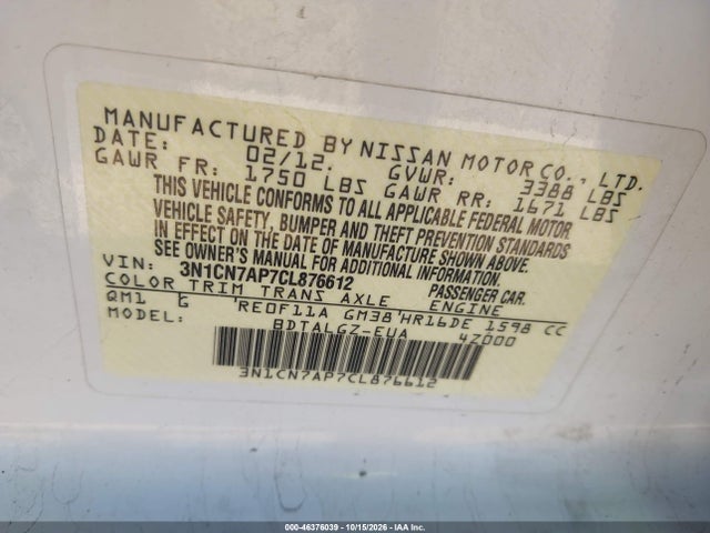 Продаж на аукціоні авто 2012 Nissan Versa 1.6 Sl, vin: 3N1CN7AP7CL876612, номер лоту: 46376039