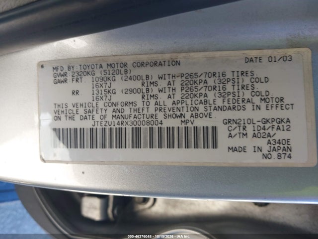 46376048 :رقم المزاد ، JTEZU14RX30008004 vin ، 2003 Toyota 4runner Sr5 V6 مزاد بيع