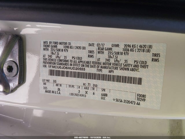 Aukcja sprzedaży 2017 Ford Escape Titanium, vin: 1FMCU0JD6HUD20555, numer aukcji: 46376050