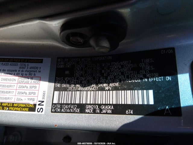 Aukcja sprzedaży 2006 Toyota 4runner Sr5 V6, vin: JTEZU14R668056427, numer aukcji: 46376056