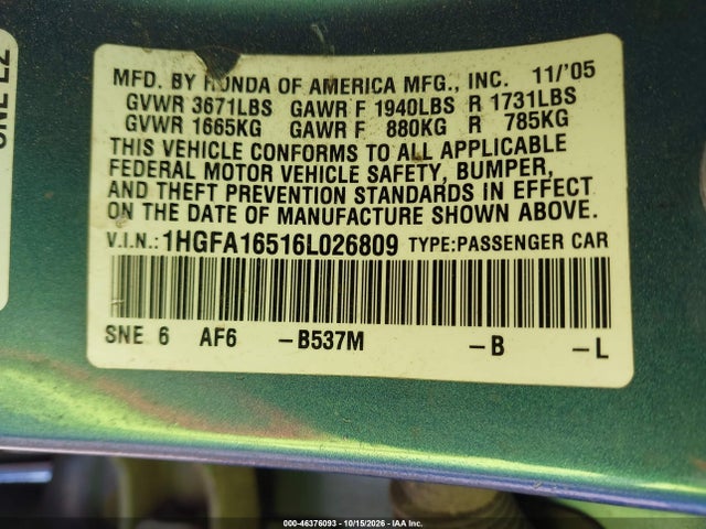 Продажа на аукционе авто 2006 Honda Civic Lx, vin: 1HGFA16516L026809, номер лота: 46376093