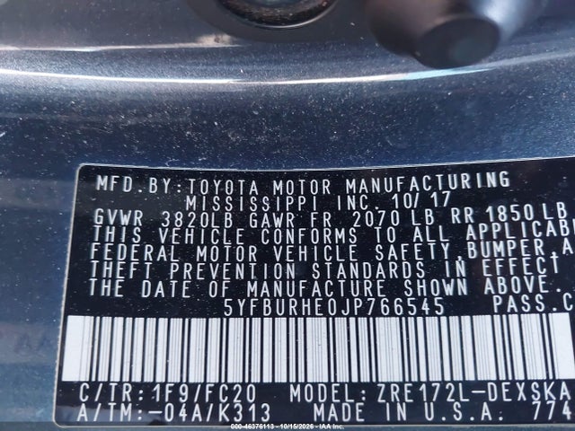 Aukcja sprzedaży 2018 Toyota Corolla Se, vin: 5YFBURHE0JP766545, numer aukcji: 46376113