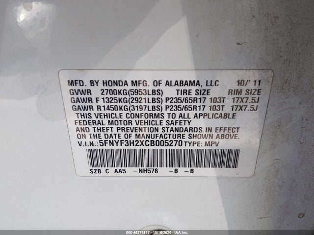 Aukcja sprzedaży 2012 Honda Pilot Lx, vin: 5FNYF3H2XCB005270, numer aukcji: 46376117