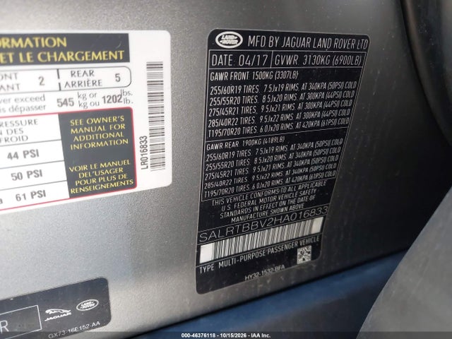 46376118 :رقم المزاد ، SALRTBBV2HA016833 vin ، 2017 Land Rover Discovery First Edition مزاد بيع