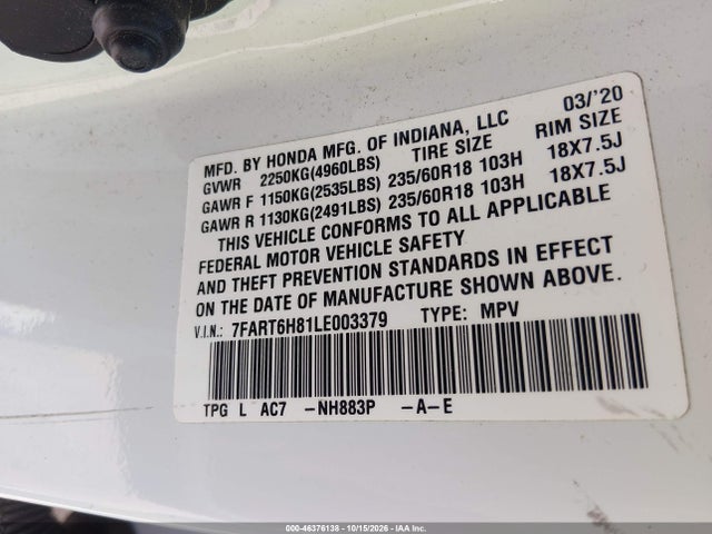 Продажа на аукционе авто 2020 Honda Cr-v Hybrid Ex-l, vin: 7FART6H81LE003379, номер лота: 46376138