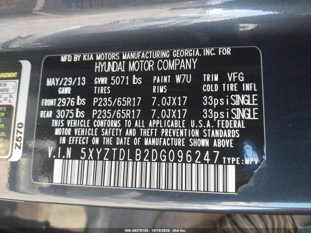 46376155 :رقم المزاد ، 5XYZTDLB2DG096247 vin ، 2013 Hyundai Santa Fe Sport مزاد بيع