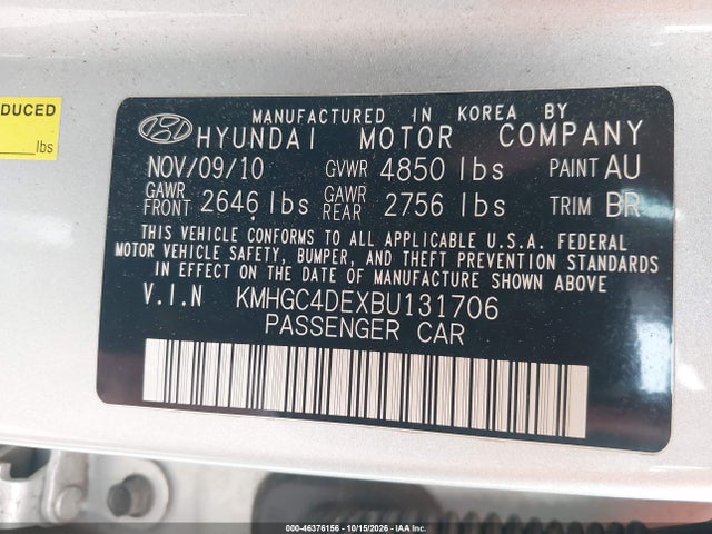 Aukcja sprzedaży 2011 Hyundai Genesis 3.8, vin: KMHGC4DEXBU131706, numer aukcji: 46376156