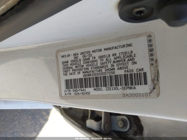 46376160 :رقم المزاد ، 1NXBR32E83Z057256 vin ، 2003 Toyota Corolla Le مزاد بيع
