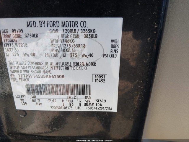 Продажа на аукционе авто 2005 Ford F-150 Fx4/lariat/xlt, vin: 1FTPW14535KE62508, номер лота: 46376165