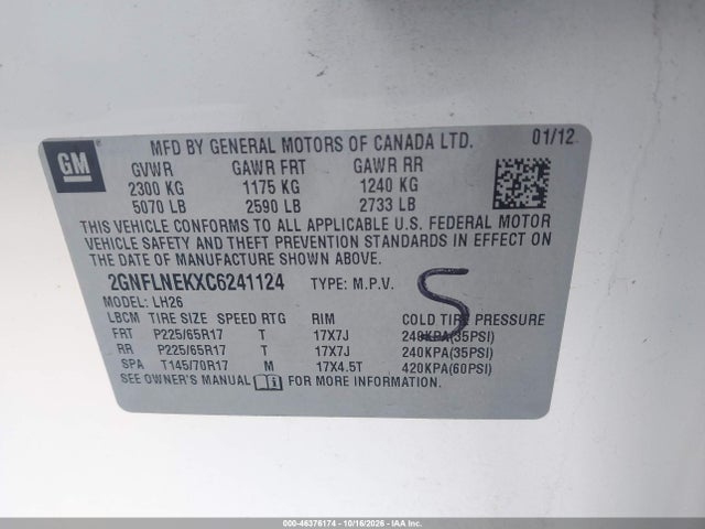 Aukcja sprzedaży 2012 Chevrolet Equinox 2lt, vin: 2GNFLNEKXC6241124, numer aukcji: 46376174