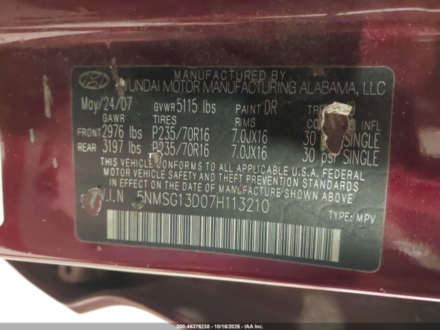 Aukcja sprzedaży 2007 Hyundai Santa Fe Gls, vin: 5NMSG13D07H113210, numer aukcji: 46376238