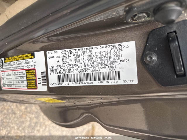 Aukcja sprzedaży 2010 Toyota Tacoma Base V6, vin: 5TEUU4EN6AZ733639, numer aukcji: 46376260