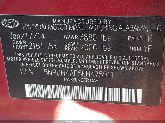 5NPDH4AE5EH475911 Hyundai ELANTRA SE