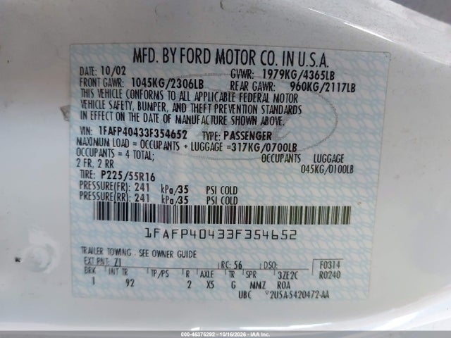 Продаж на аукціоні авто 2003 Ford Mustang, vin: 1FAFP40433F354652, номер лоту: 46376292