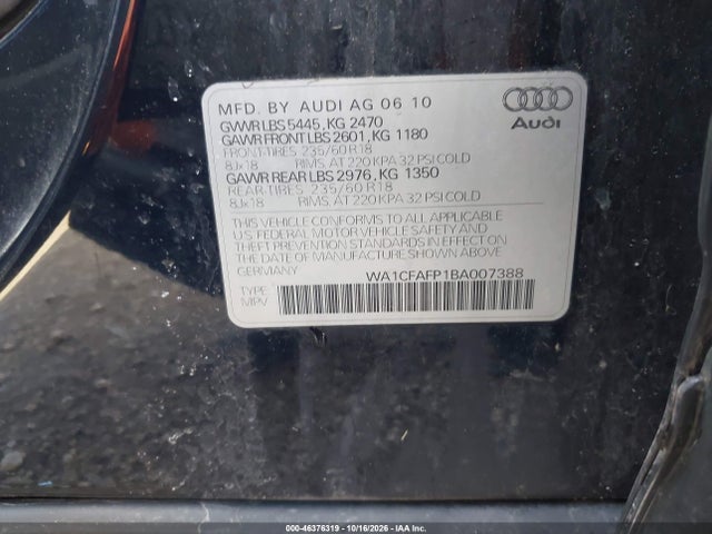 2011 Audi Q5 2.0t Premium მანქანა იყიდება აუქციონზე, vin: WA1CFAFP1BA007388, აუქციონის ნომერი: 46376319