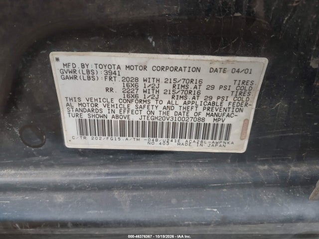 Продаж на аукціоні авто 2001 Toyota Rav4, vin: JTEGH20V310027088, номер лоту: 46376367