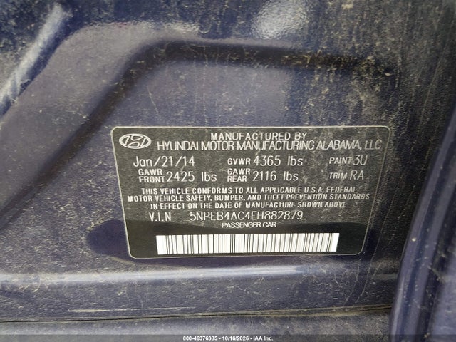 Продаж на аукціоні авто 2014 Hyundai Sonata Gls, vin: 5NPEB4AC4EH882879, номер лоту: 46376385