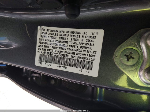 Продаж на аукціоні авто 2013 Honda Civic Lx, vin: 19XFB2F52DE291830, номер лоту: 46376391