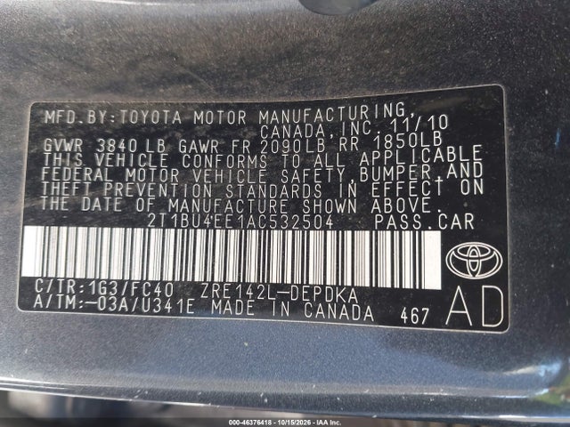 Aukcja sprzedaży 2010 Toyota Corolla Le, vin: 2T1BU4EE1AC532504, numer aukcji: 46376418