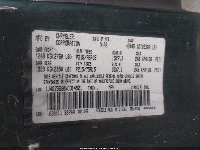 1998 Jeep Grand Cherokee Laredo მანქანა იყიდება აუქციონზე, vin: 1J4GZ58S0WC314921, აუქციონის ნომერი: 46376429