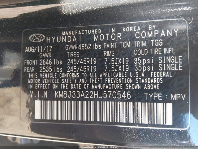 46376461 :رقم المزاد ، KM8J33A22HU570546 vin ، 2017 Hyundai Tucson Value مزاد بيع