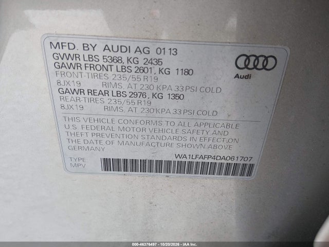 46376497 :رقم المزاد ، WA1LFAFP4DA061707 vin ، 2013 Audi Q5 2.0t Premium مزاد بيع