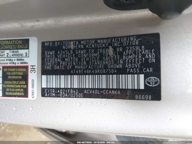46376548 :رقم المزاد ، 4T4BE46K49R087564 vin ، 2009 Toyota Camry Le مزاد بيع